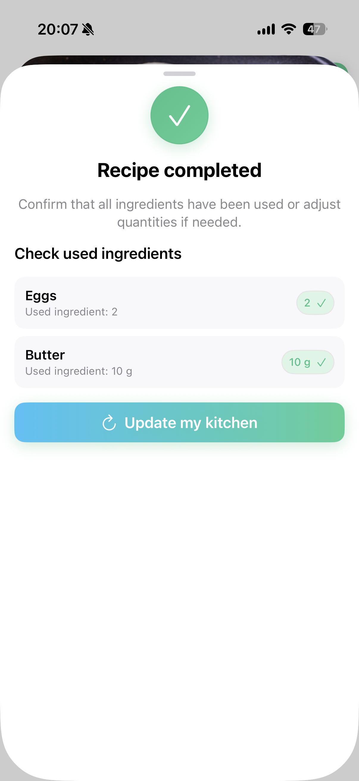 Recipe completed — confirmation after cooking