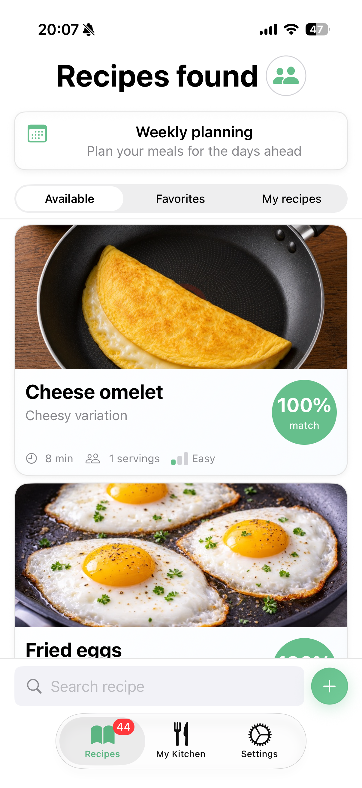 Matching recipes — scores based on your kitchen