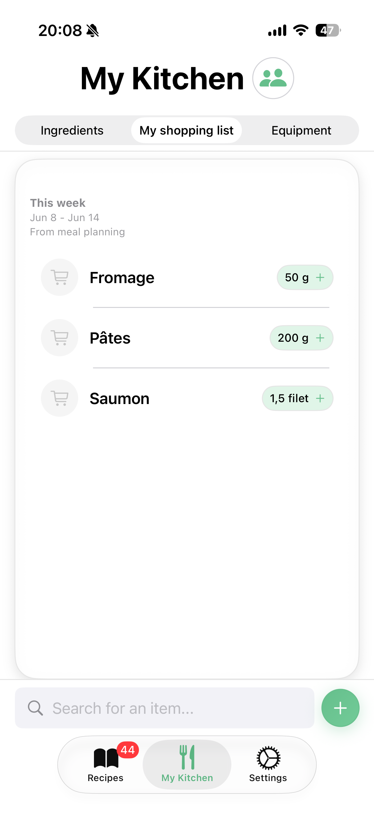 Shopping list — grouped by week