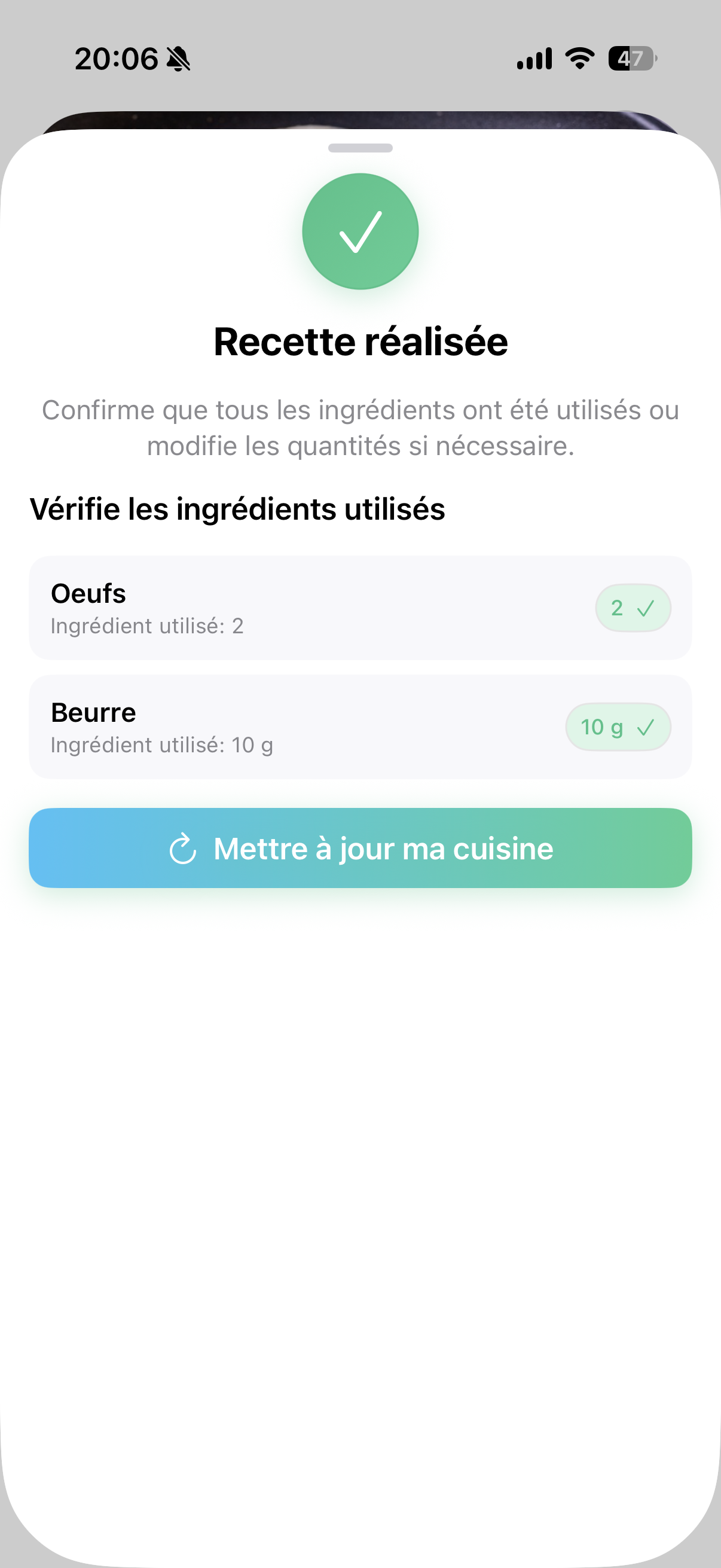 Recette réalisée — confirmation après cuisine