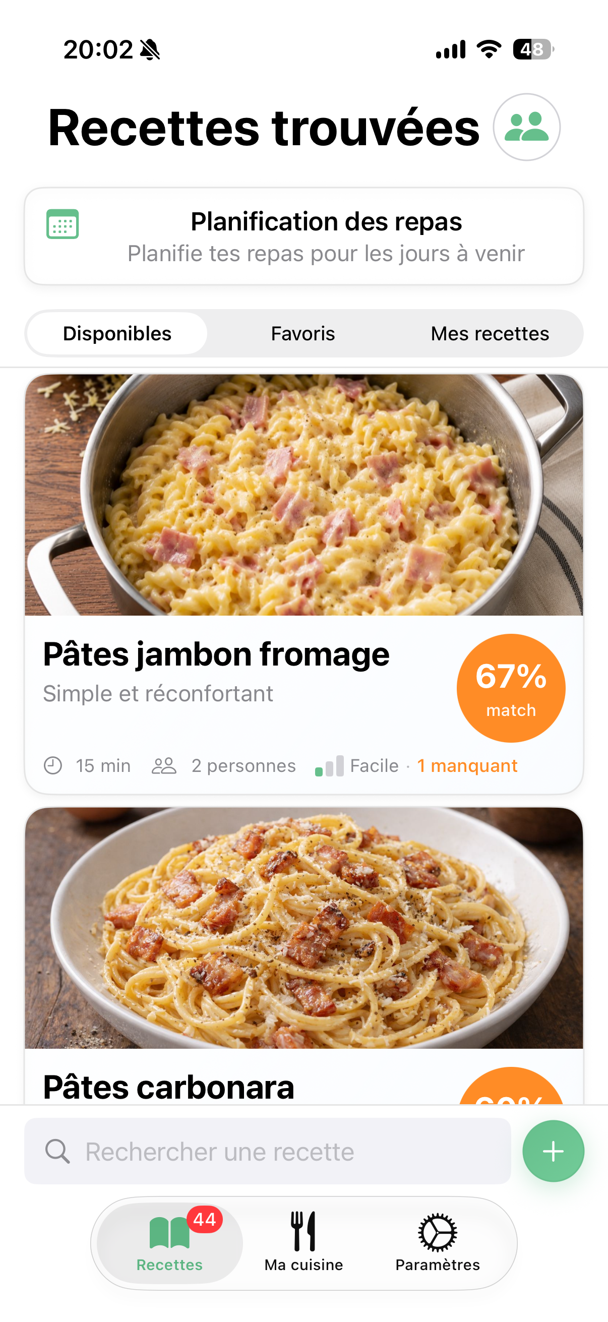 Recettes trouvées — scores de correspondance avec ta cuisine